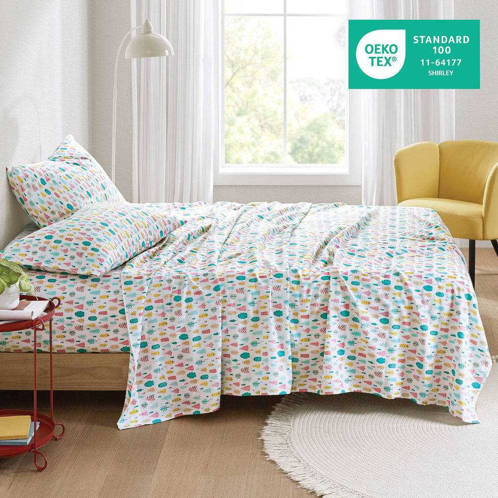 4 PCS Queen Cotton Printed Sheet Set White Holiday Trees Media 2
