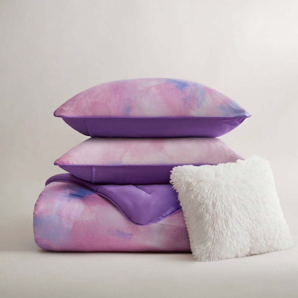 4 Pieces King/Cal King Watercolor Tie Dye Printed Comforter Set with Throw Pillow,Purple Media 9