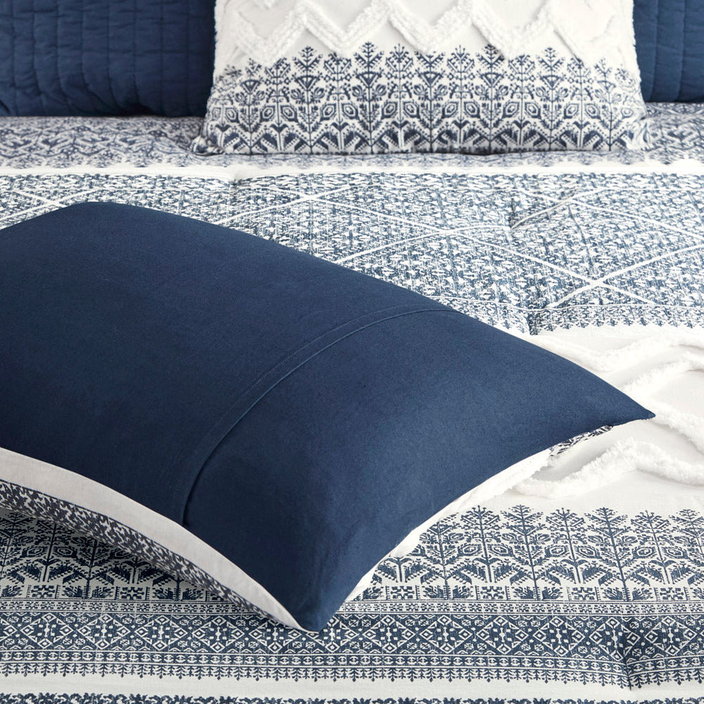 3 Piece Cotton Comforter Set with Chenille Tufting Navy Full/Queen Media 8