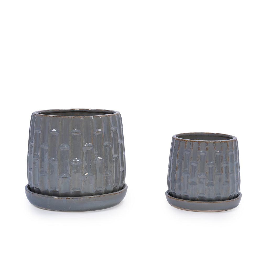 Handmade Gray Glazed Ceramic Planter Set of 2, 6' & 8' Diameter, Vertical Ribbed Pattern, for Succulents & Herbs Indoor/Outdoor Shelf & Table Use, Breathable Clay with Saucers Media 5