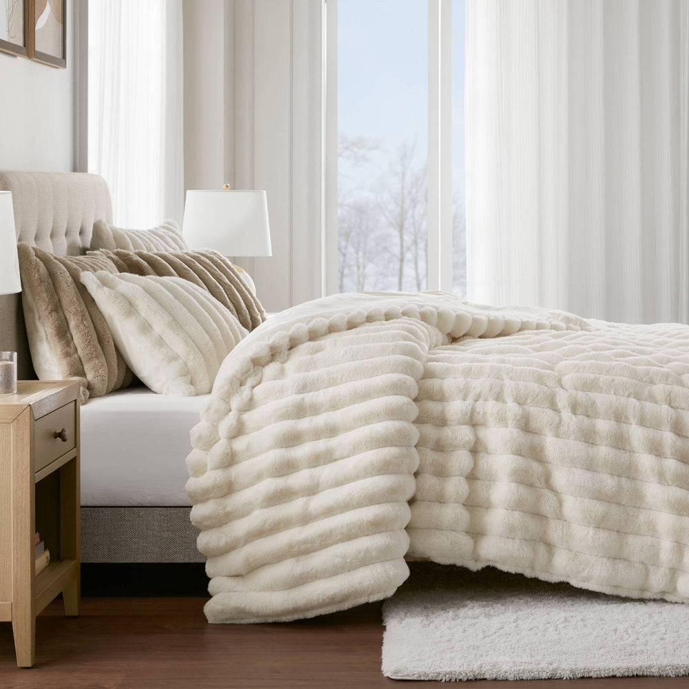 3-Piece King  soft Faux Fur Ribbed Comforter Set,Ivory Media 21