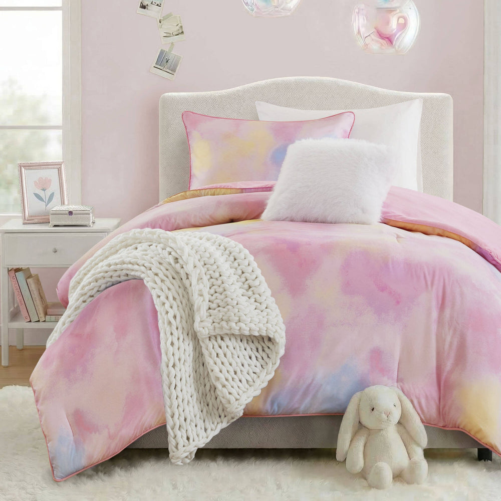 3 Pieces Twin/Twin XL Watercolor Tie Dye Printed Comforter Set with Throw Pillow,Pink Media 4