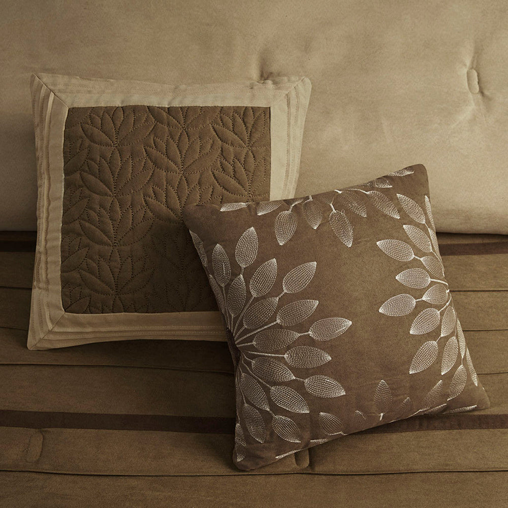 7 PC Pieced Faux Suede Comforter Set Natural Queen Media 12