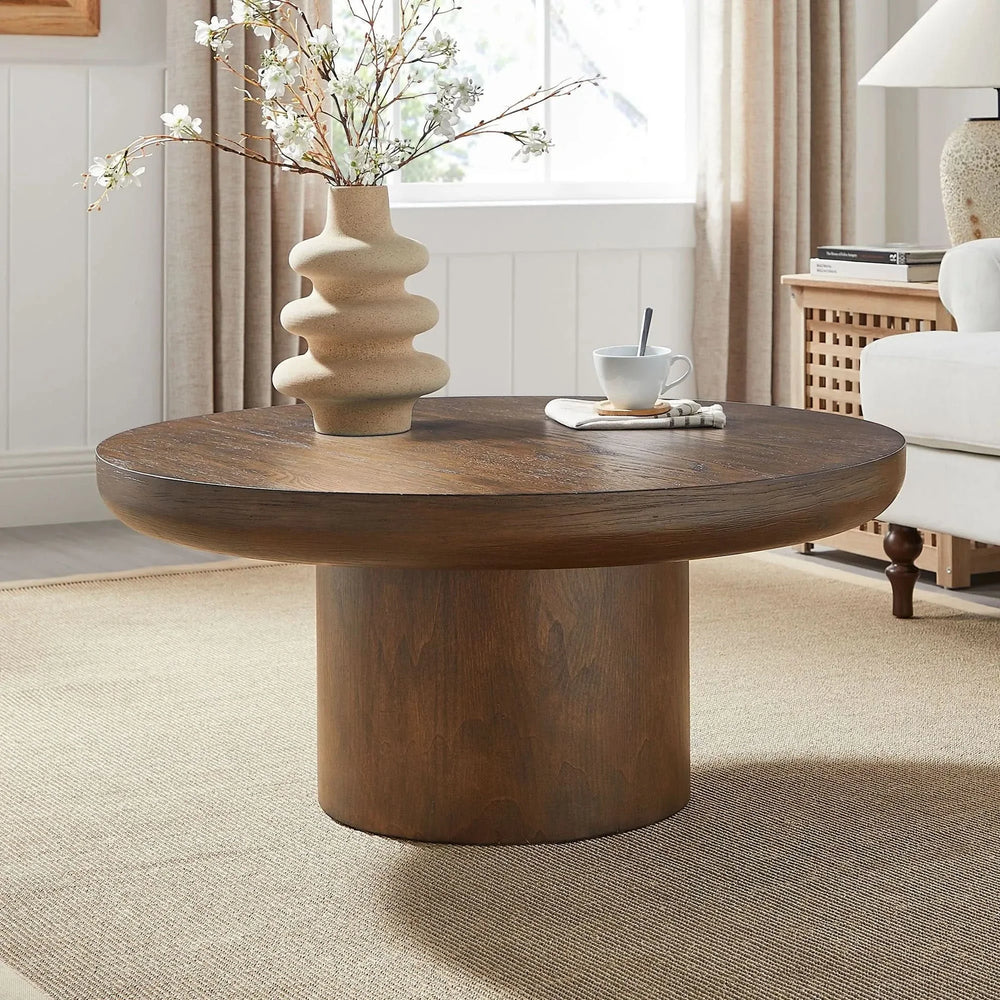Round Coffee Table Oak Veneer Minimalist Living Room With Cylindrical Leg Media 6