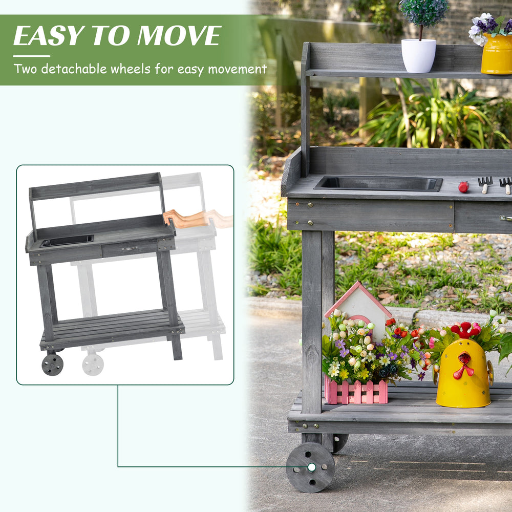 Outsunny 36'' Wooden Potting Bench Work Table with 2 Removable Wheels, Sink, Drawer & Large Storage Spaces, Gray Media 6