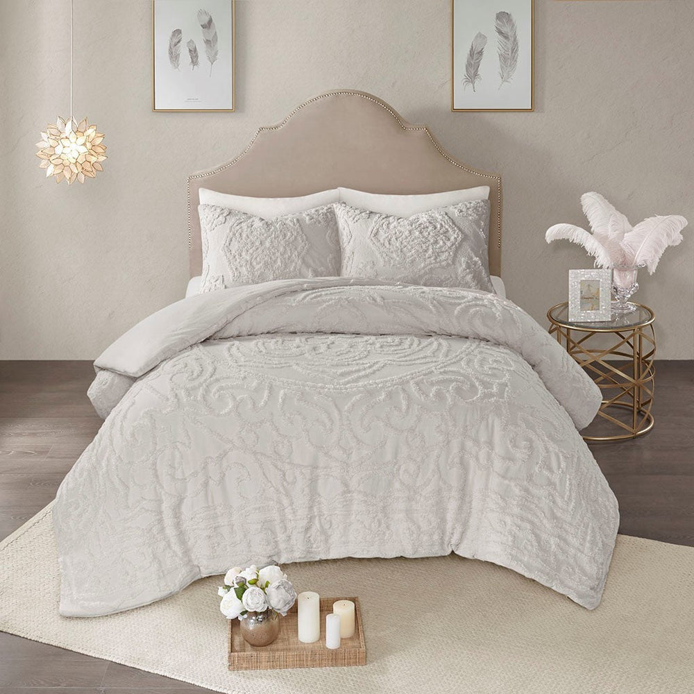 King/Cal King 3-Piece Tufted Cotton Chenille Medallion Duvet Cover Set Media 2