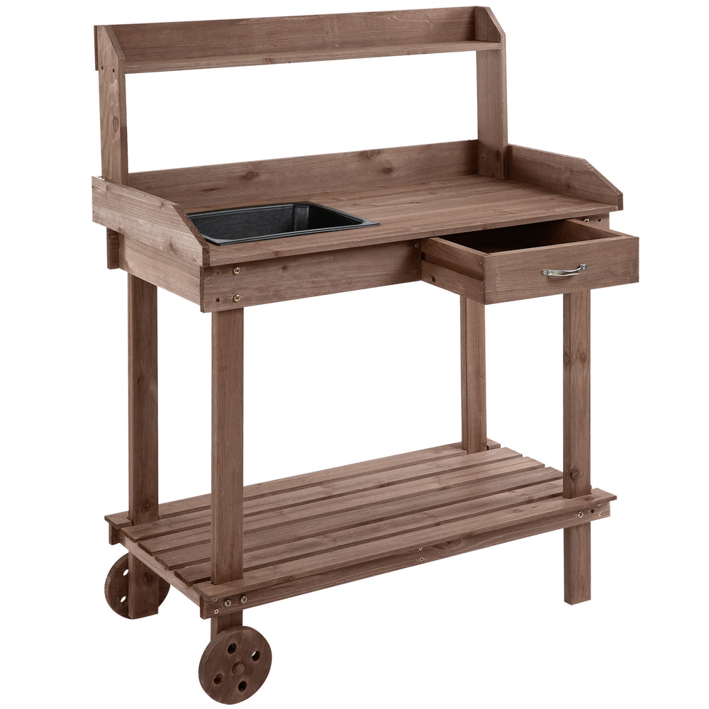 Outsunny 36'' Wooden Potting Bench Work Table with 2 Removable Wheels, Sink, Drawer & Large Storage Spaces, Brown Media 1