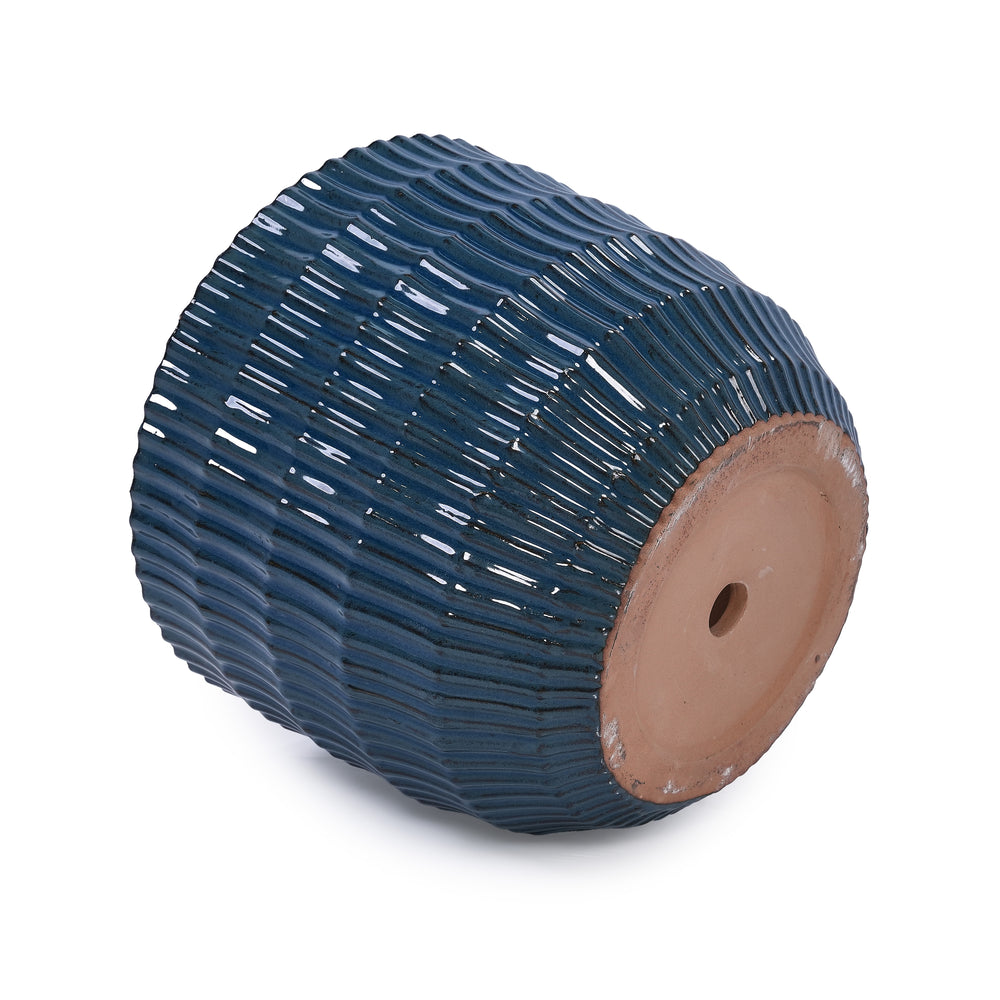 Handmade Denim Blue Glaze Ceramic Planter Set of 4, 7/9/12/14 Inch, Horizontal Grooves, Indoor & Outdoor Herb Succulent Pots, Breathable Clay with Drainage Holes Media 13