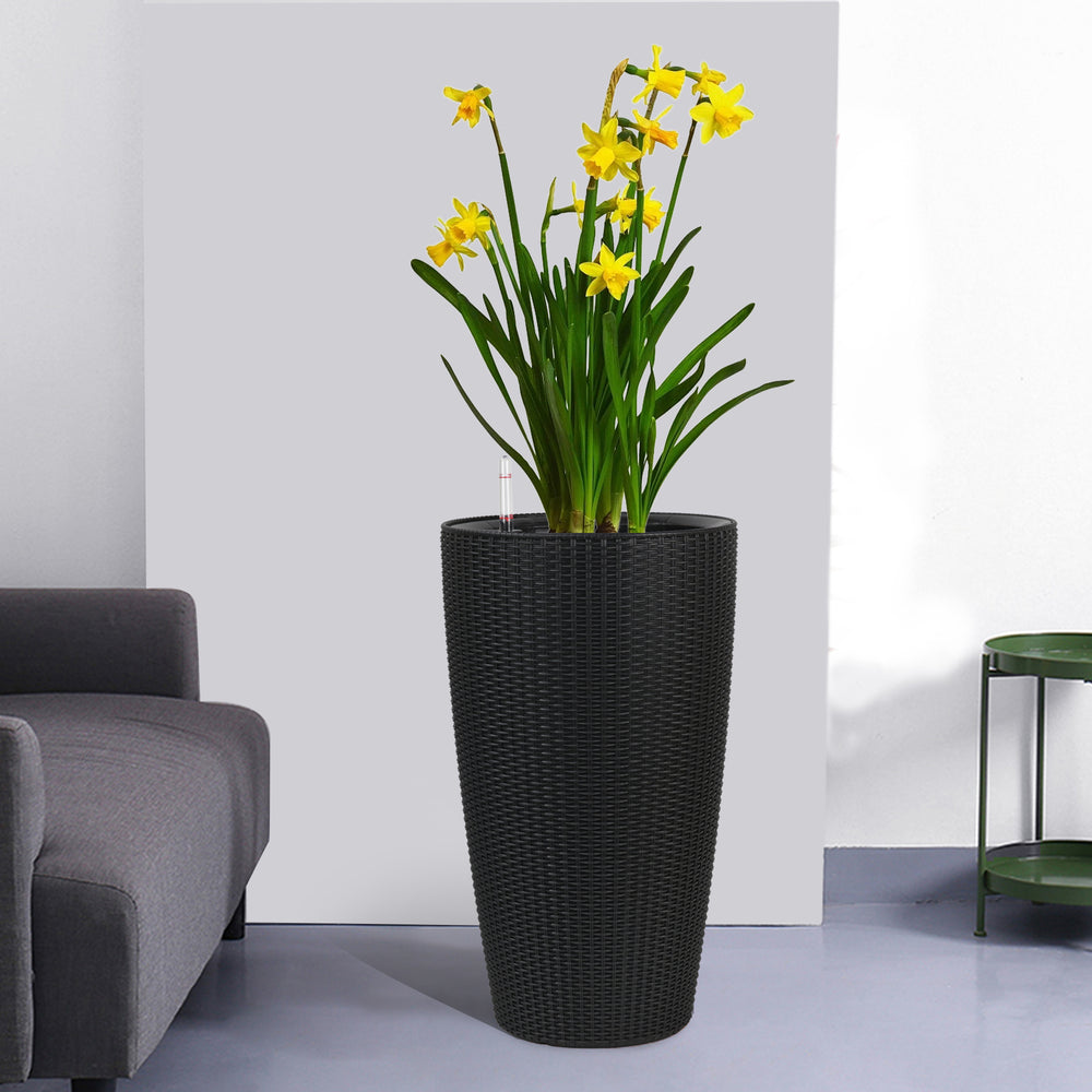 Faux Rattan Tall Planters Set with Water Level Monitor and Auto Watering, Black, Polypropylene, 22 Inch Media 11