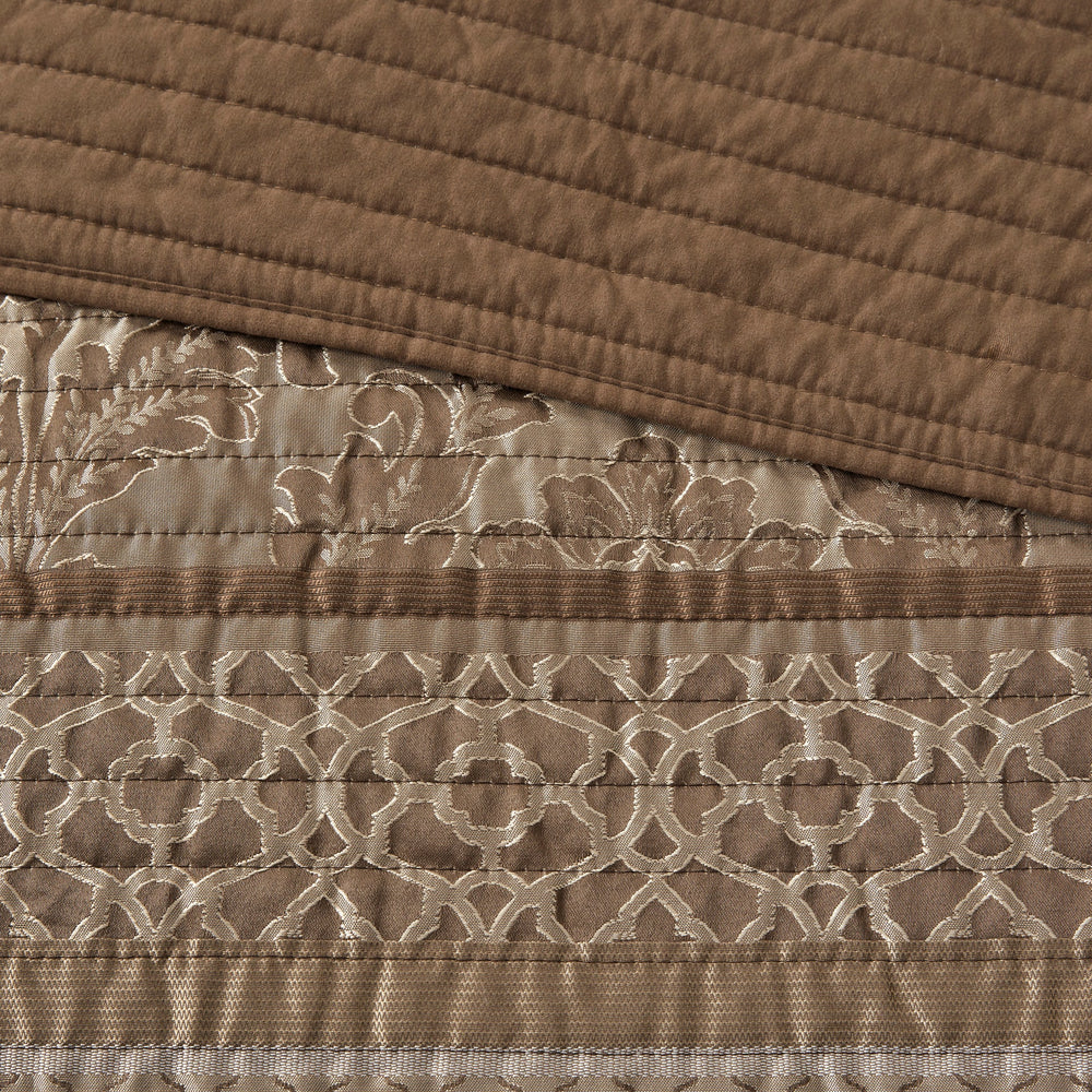 6 Piece Jacquard Quilt Set with Throw Pillows Brown/Gold Full/Queen Media 4