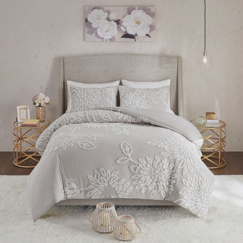 3 Piece Tufted Cotton Chenille Floral Comforter Set Warm Grey/White Full/Queen Media 10