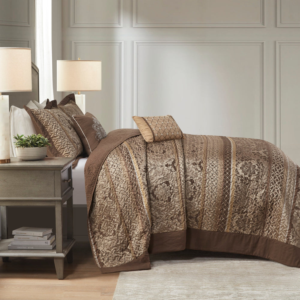 5 Piece Reversible Jacquard Bedspread Set Brown/Gold Queen Media 12