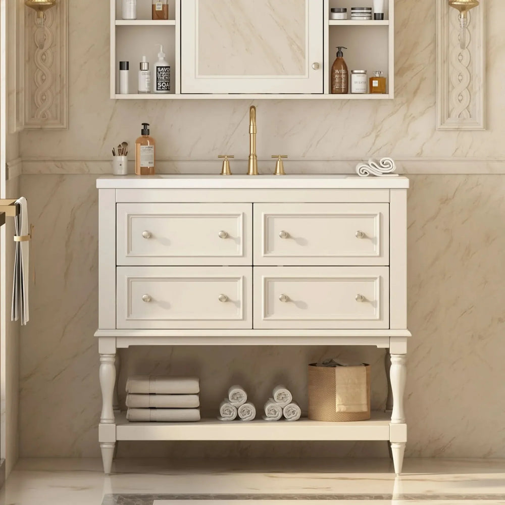36' Bathroom Vanity Cabinet with Sink Combo Set, Undermount Ceramic Sink, Free Standing Vanity Set with 4 Drawers, Solid Wood Frame Bathroom Cabinet, Beige - DTY Store