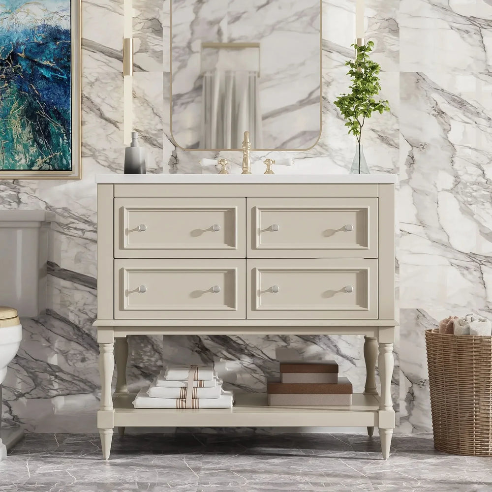 36' Bathroom Vanity Cabinet with Sink Combo Set, Undermount Ceramic Sink, Free Standing Vanity Set with 4 Drawers, Solid Wood Frame Bathroom Cabinet, Beige - DTY Store