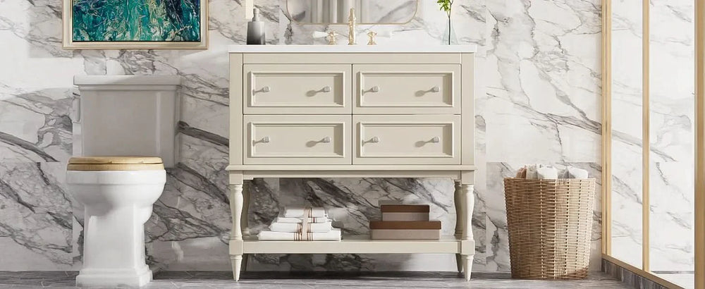 Bathroom Vanity Ceramic Sink Solid Wood Cabinet Beige 36 Inch Free Standing Media 18