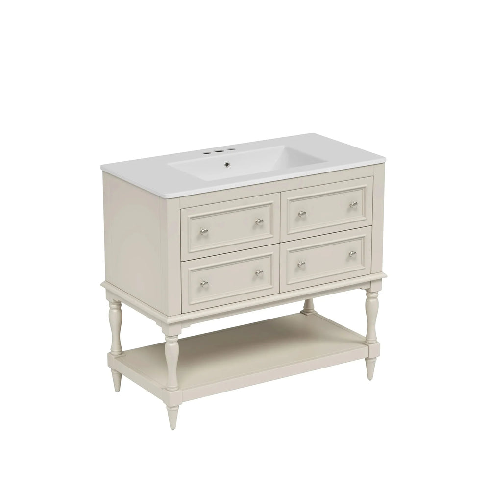 Bathroom Vanity Ceramic Sink Solid Wood Cabinet Beige 36 Inch Free Standing Media 10