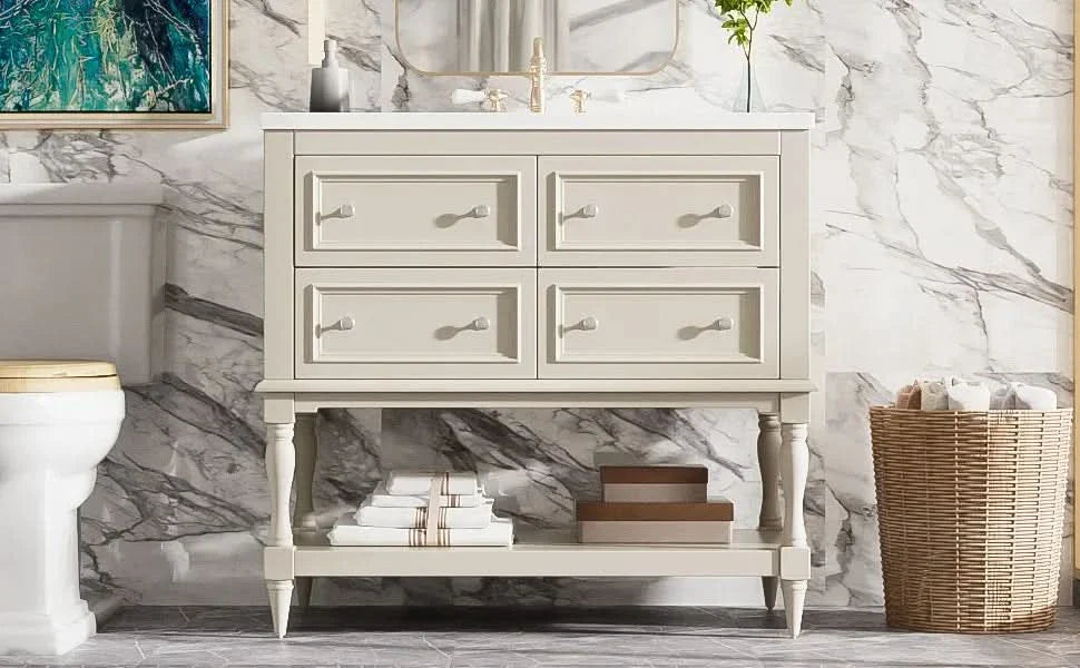 Bathroom Vanity Ceramic Sink Solid Wood Cabinet Beige 36 Inch Free Standing Media 17