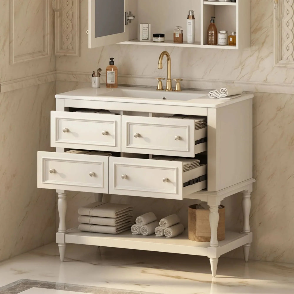 36' Bathroom Vanity Cabinet with Sink Combo Set, Undermount Ceramic Sink, Free Standing Vanity Set with 4 Drawers, Solid Wood Frame Bathroom Cabinet, Beige - DTY Store