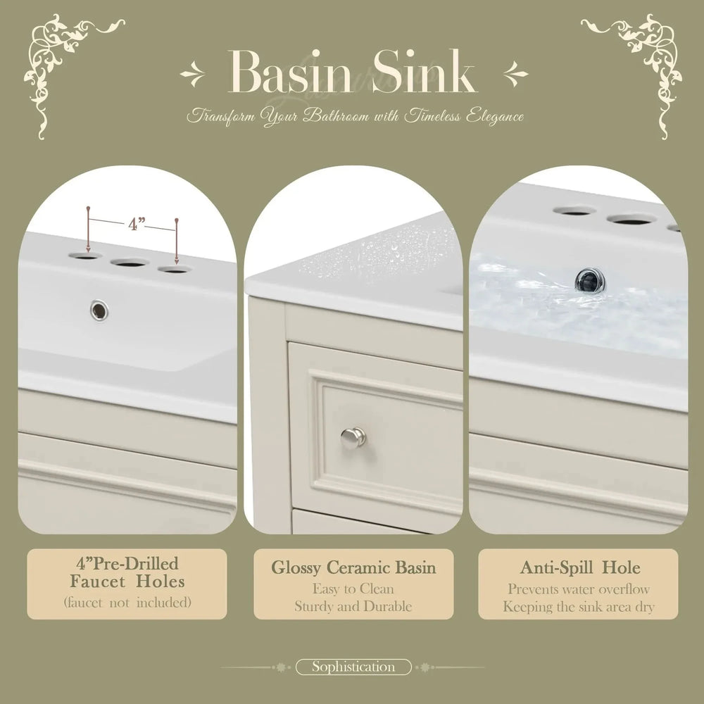 36' Bathroom Vanity Cabinet with Sink Combo Set, Undermount Ceramic Sink, Free Standing Vanity Set with 4 Drawers, Solid Wood Frame Bathroom Cabinet, Beige - DTY Store
