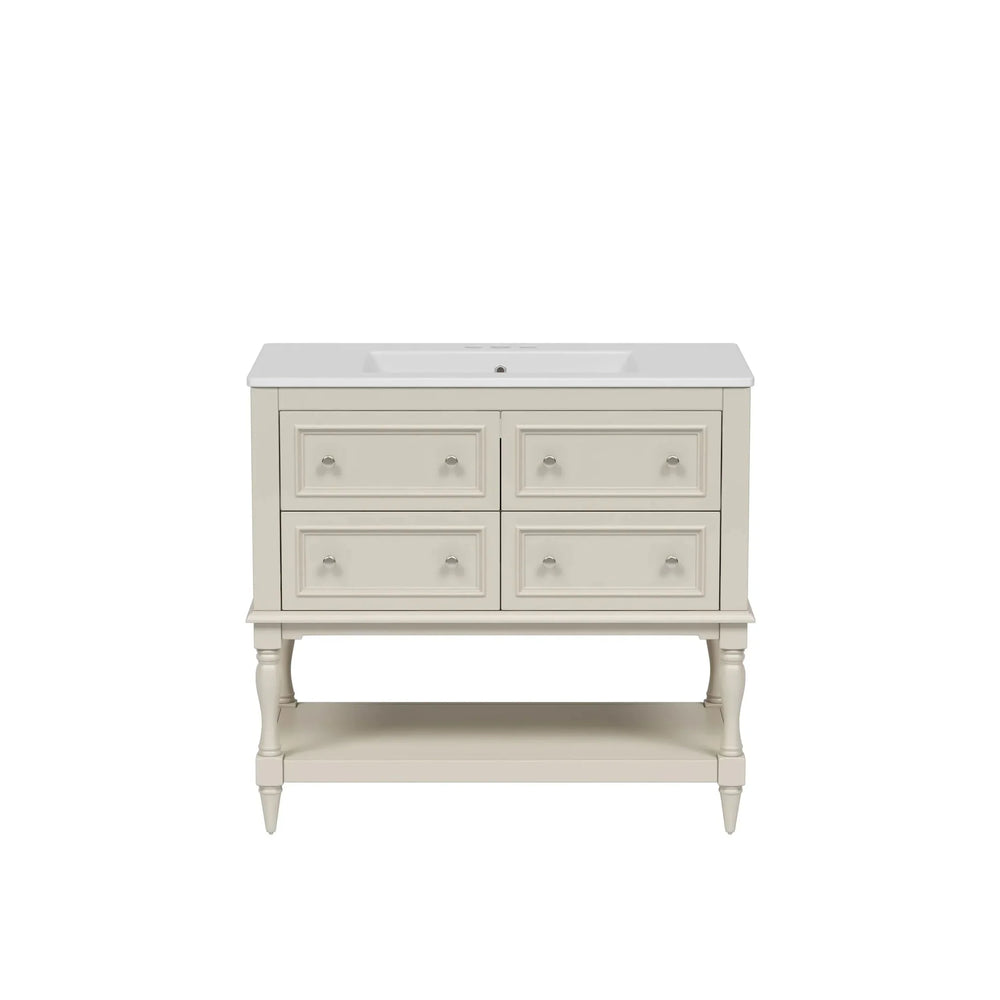 Bathroom Vanity Ceramic Sink Solid Wood Cabinet Beige 36 Inch Free Standing Media 8