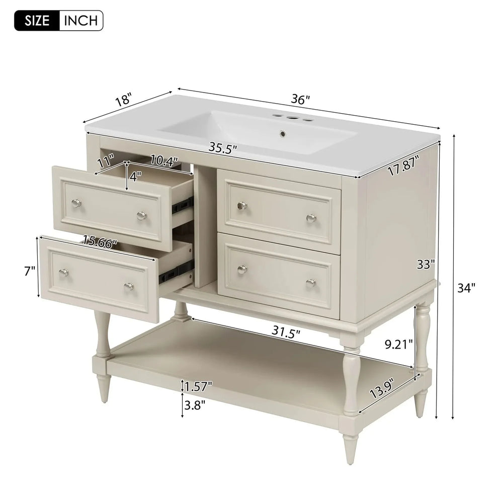 Bathroom Vanity Ceramic Sink Solid Wood Cabinet Beige 36 Inch Free Standing Media 6