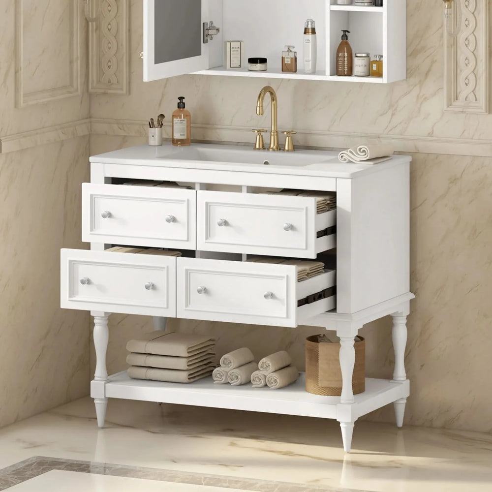 36' Bathroom Vanity Cabinet with Sink Combo Set, Undermount Ceramic Sink, Free Standing Vanity Set with 4 Drawers, Solid Wood Frame Bathroom Cabinet, White - DTY Store
