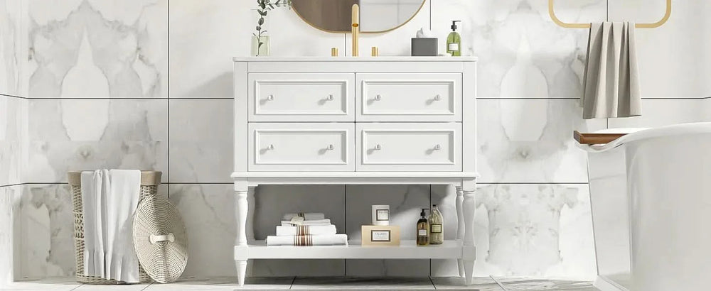 Bathroom Vanity Cabinet Ceramic Undermount Sink White Finish Modern Media 27