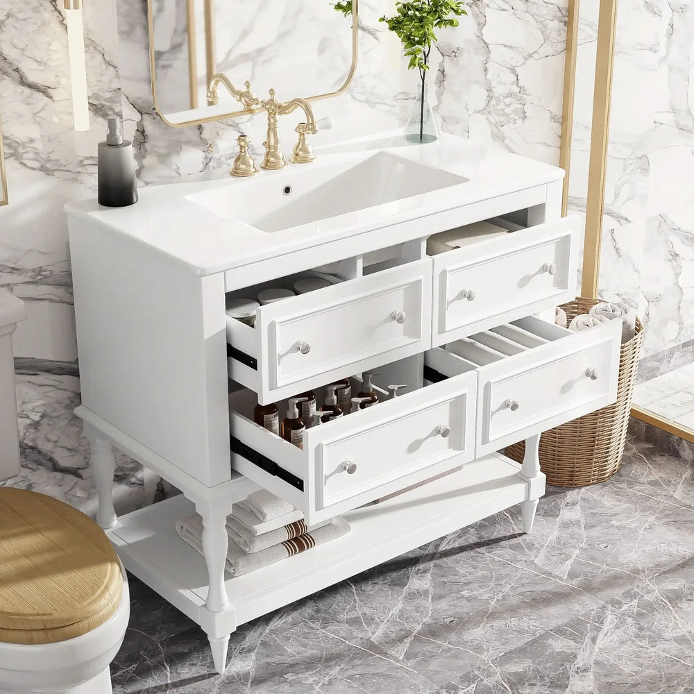 36' Bathroom Vanity Cabinet with Sink Combo Set, Undermount Ceramic Sink, Free Standing Vanity Set with 4 Drawers, Solid Wood Frame Bathroom Cabinet, White - DTY Store
