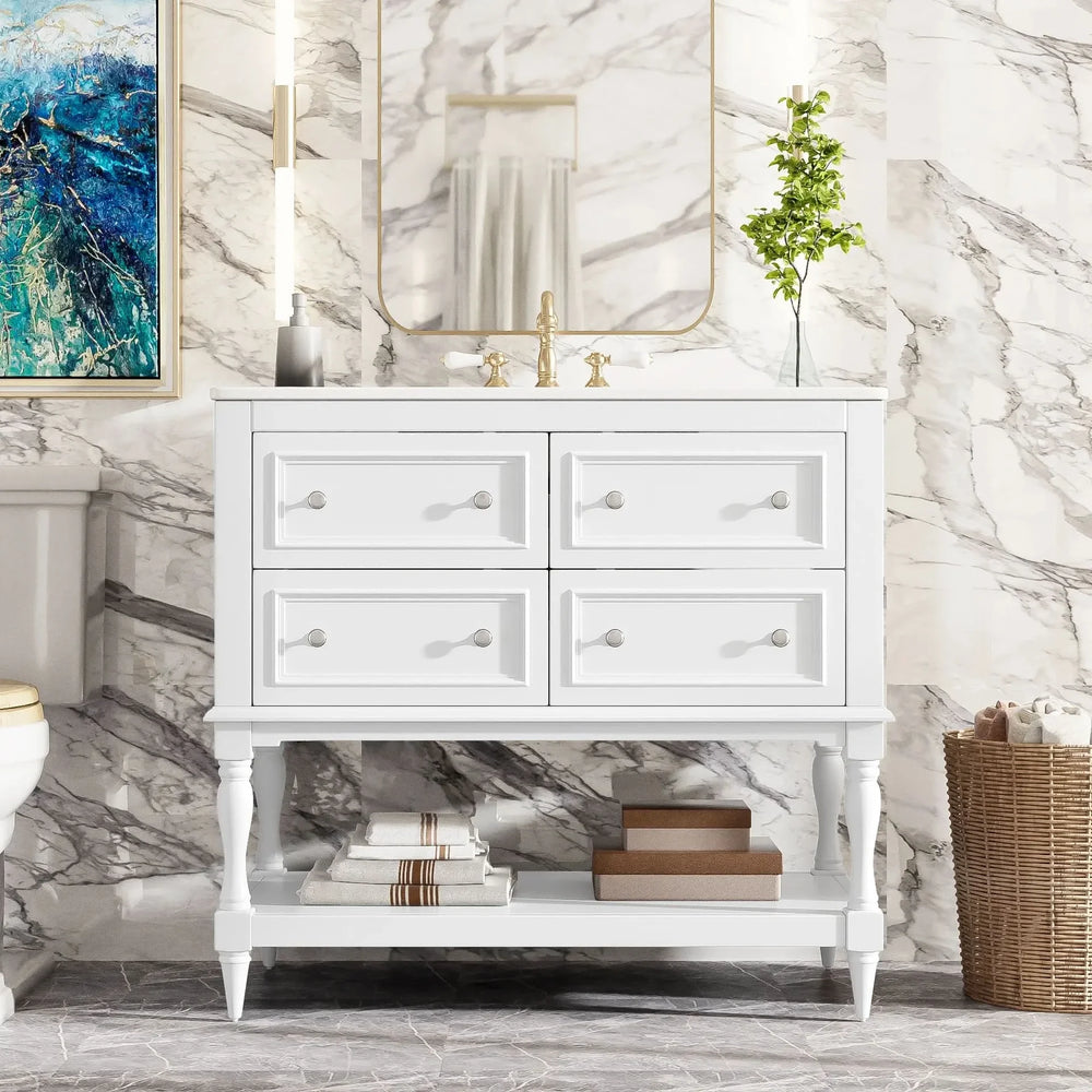 36' Bathroom Vanity Cabinet with Sink Combo Set, Undermount Ceramic Sink, Free Standing Vanity Set with 4 Drawers, Solid Wood Frame Bathroom Cabinet, White - DTY Store