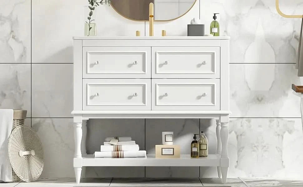 Bathroom Vanity Cabinet Ceramic Undermount Sink White Finish Modern Media 24