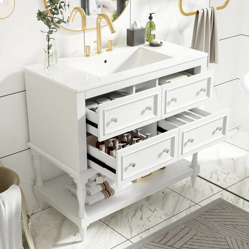 36' Bathroom Vanity Cabinet with Sink Combo Set, Undermount Ceramic Sink, Free Standing Vanity Set with 4 Drawers, Solid Wood Frame Bathroom Cabinet, White - DTY Store