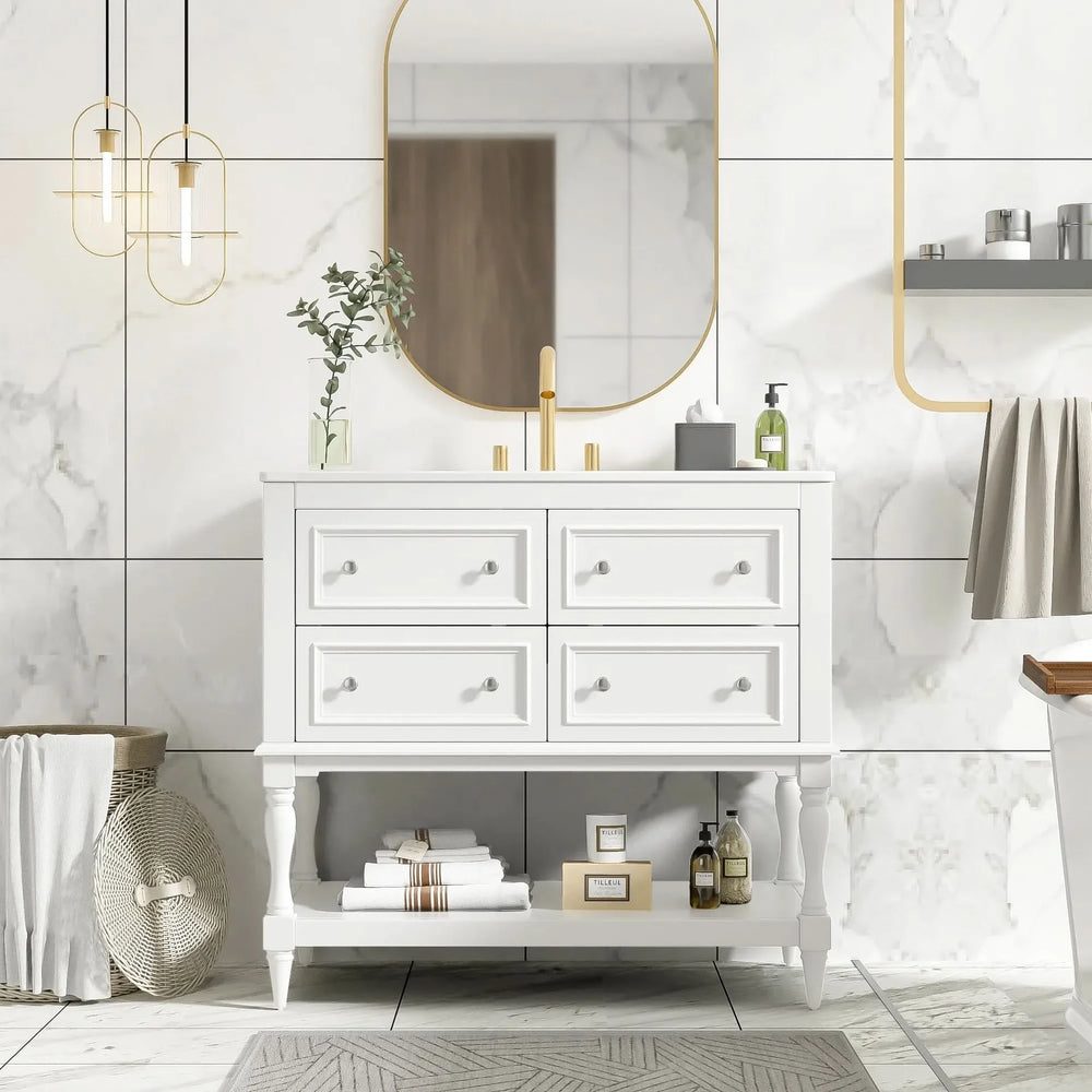 36' Bathroom Vanity Cabinet with Sink Combo Set, Undermount Ceramic Sink, Free Standing Vanity Set with 4 Drawers, Solid Wood Frame Bathroom Cabinet, White - DTY Store