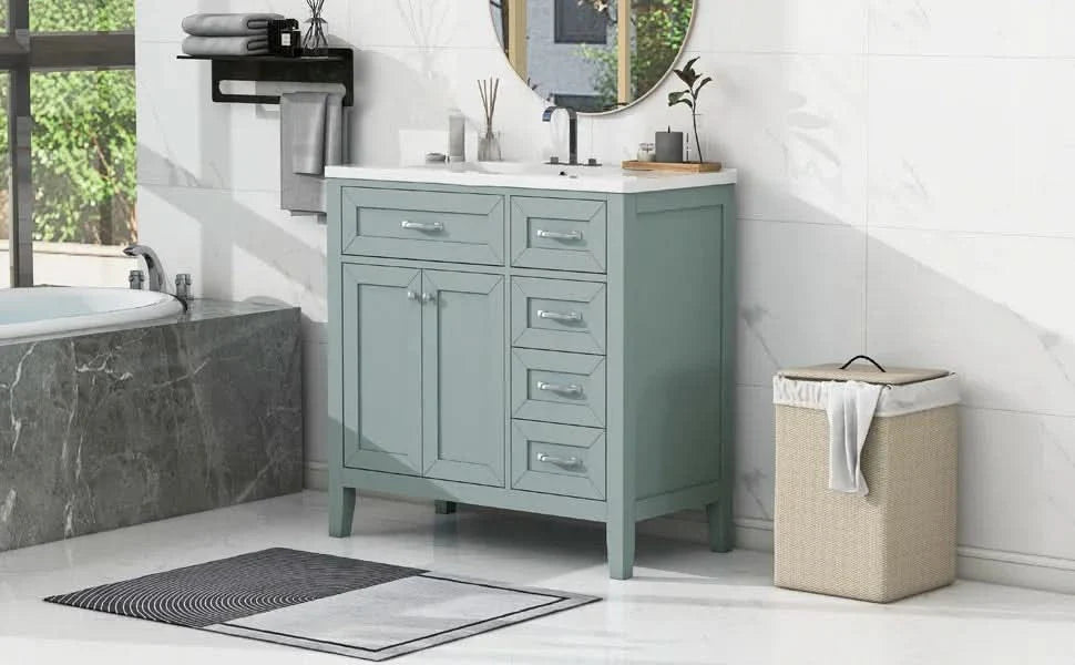 Bathroom Vanity Solid Wood With Sink Green 36 Inch Wide Cabinet Storage Media 20