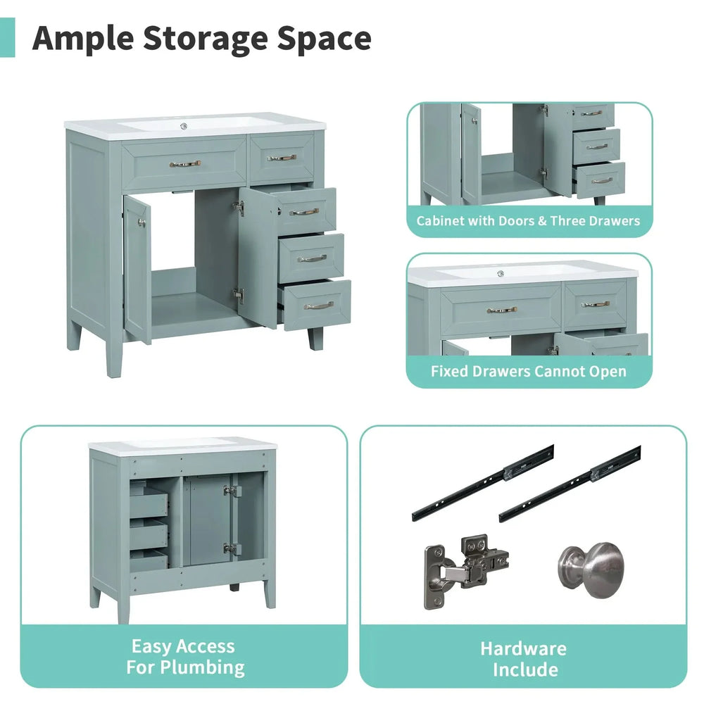 36' Bathroom Vanity with Sink Combo, Green Bathroom Cabinet with Drawers, Solid Frame and MDF Board (Old Sku:JL000007AAG)- DTY Store