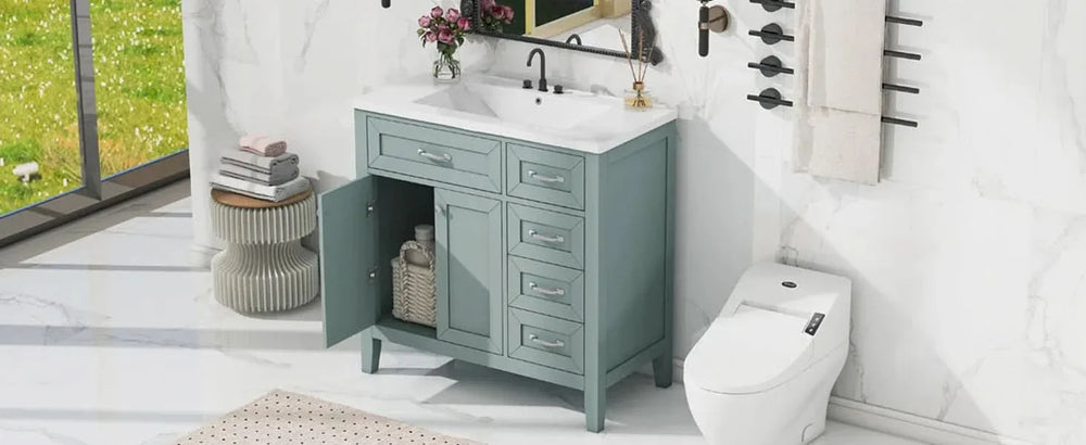Bathroom Vanity Solid Wood With Sink Green 36 Inch Wide Cabinet Storage Media 21