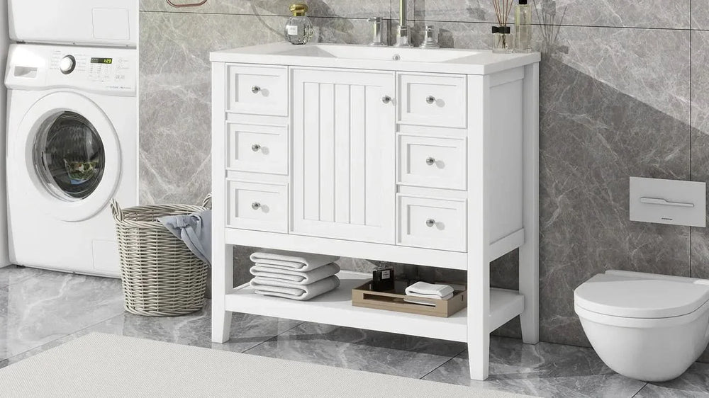 Bathroom Vanity With Sink 36 Inch Solid Wood White Cabinet & Drawers Media 30
