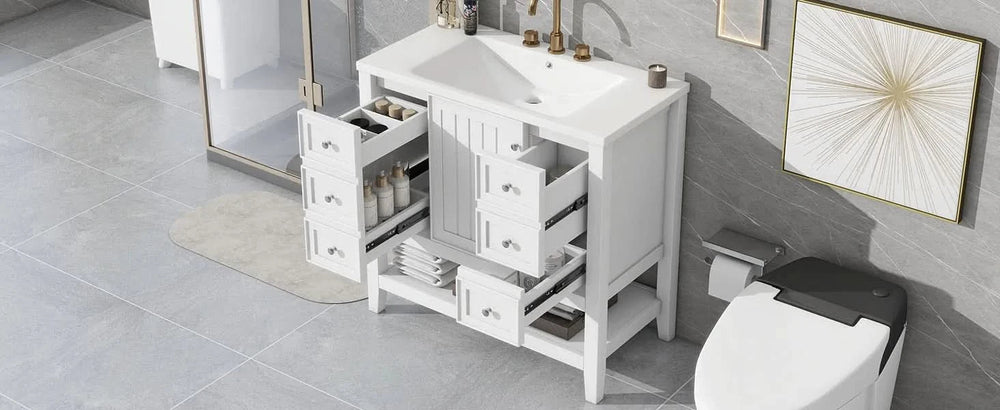 Bathroom Vanity With Sink 36 Inch Solid Wood White Cabinet & Drawers Media 28