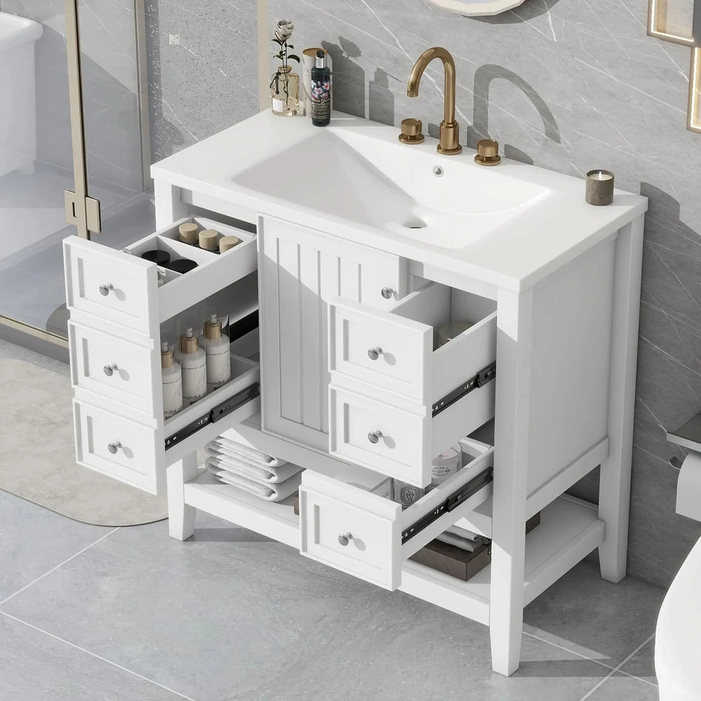 36' Bathroom Vanity with Sink, One Cabinet and Three Drawers, Solid Wood and MDF Board, White (Old Sku:SY999505AAK-6) - DTY Store