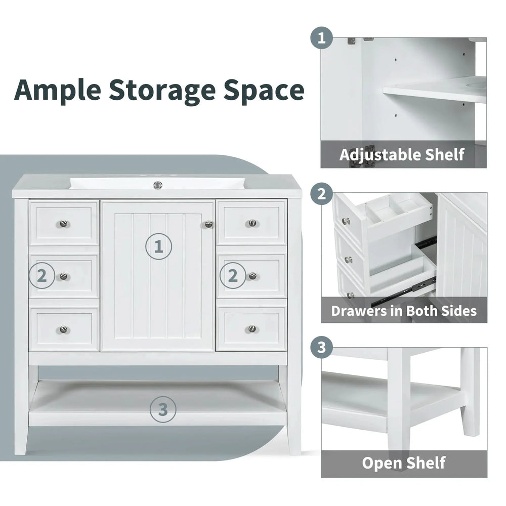 36' Bathroom Vanity with Sink, One Cabinet and Three Drawers, Solid Wood and MDF Board, White (Old Sku:SY999505AAK-6) - DTY Store