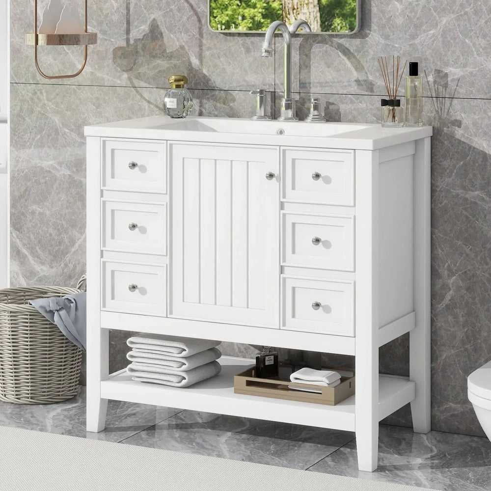 36' Bathroom Vanity with Sink, One Cabinet and Three Drawers, Solid Wood and MDF Board, White (Old Sku:SY999505AAK-6) - DTY Store