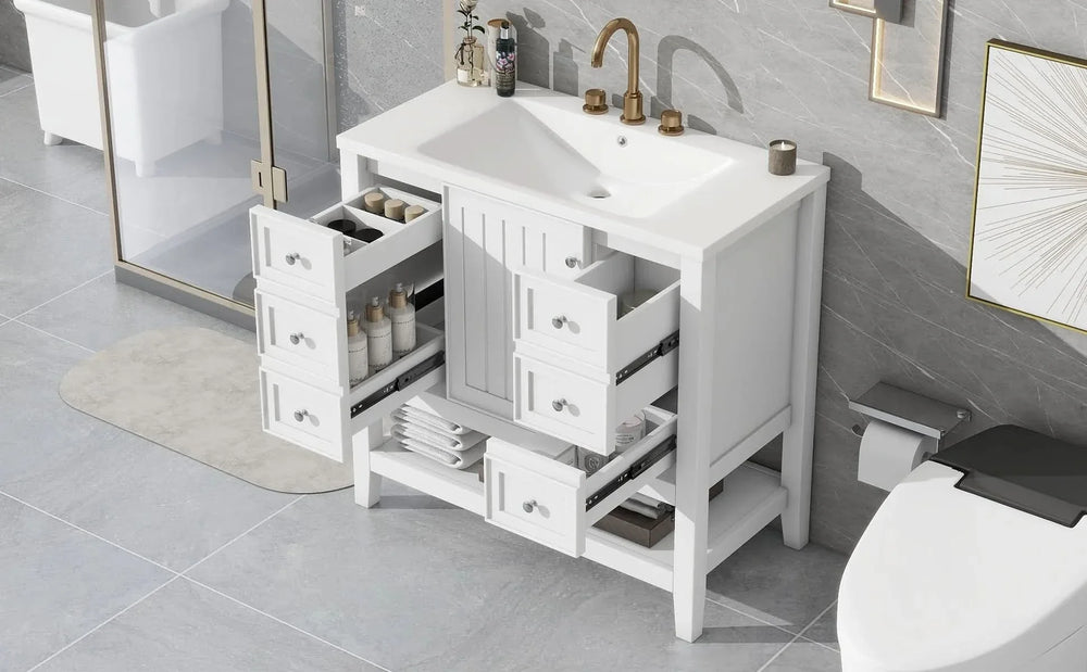 Bathroom Vanity With Sink 36 Inch Solid Wood White Cabinet & Drawers Media 31