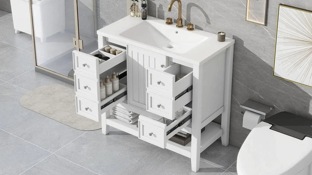 Bathroom Vanity With Sink 36 Inch Solid Wood White Cabinet & Drawers Media 32