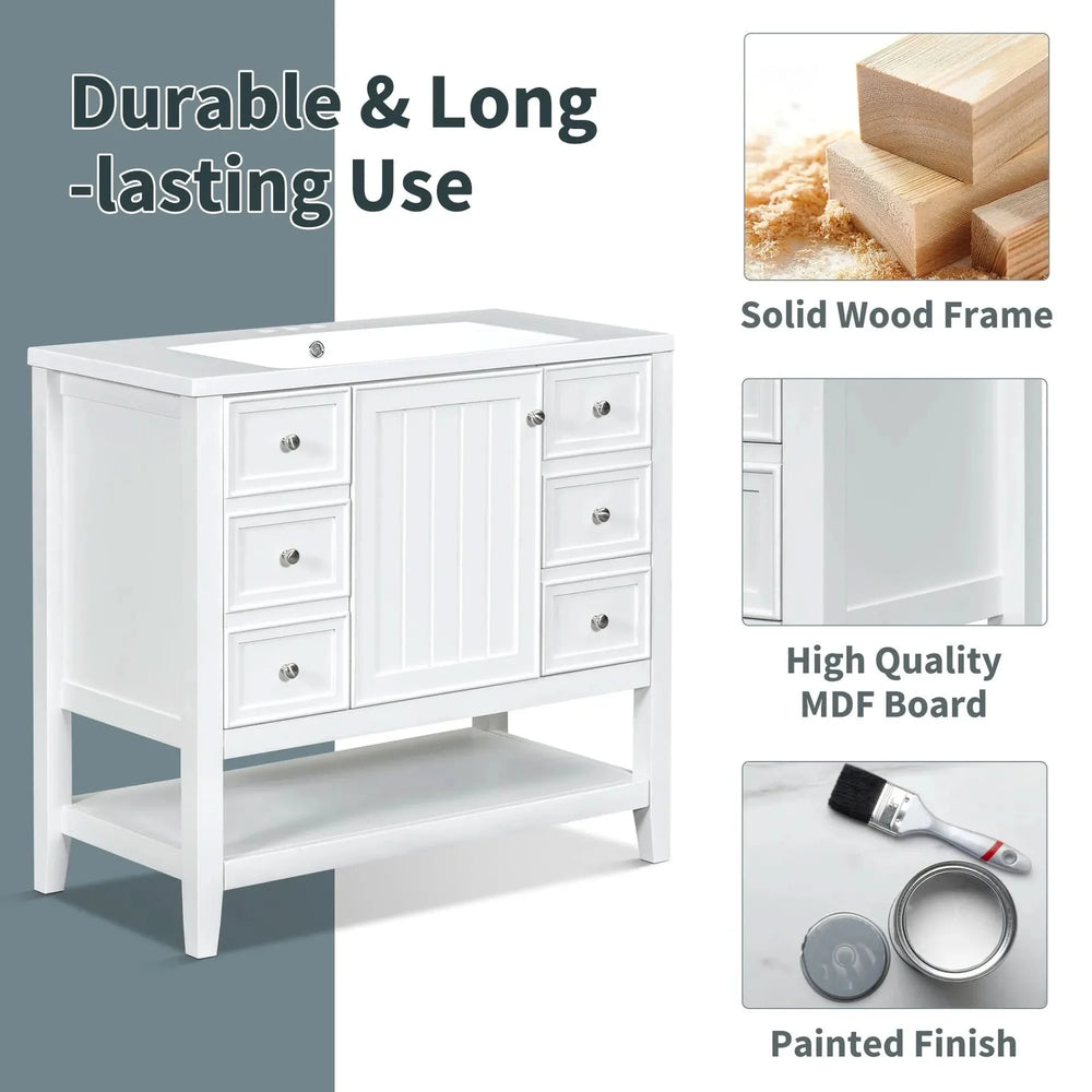 36' Bathroom Vanity with Sink, One Cabinet and Three Drawers, Solid Wood and MDF Board, White (Old Sku:SY999505AAK-6) - DTY Store