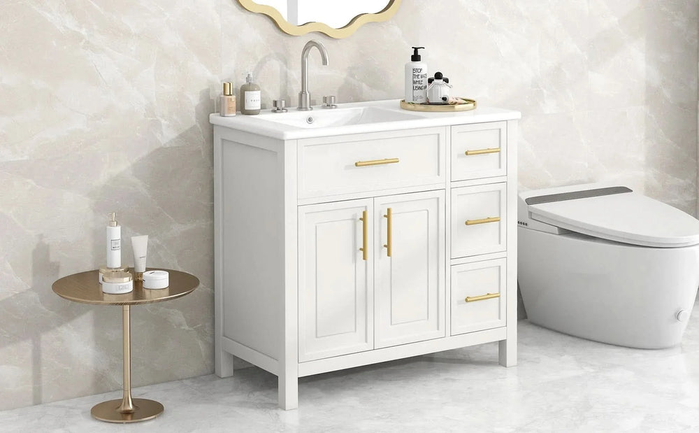 Bathroom Vanity Solid Wood & MDF White Finish With Sink Top & Ample Storage Media 29
