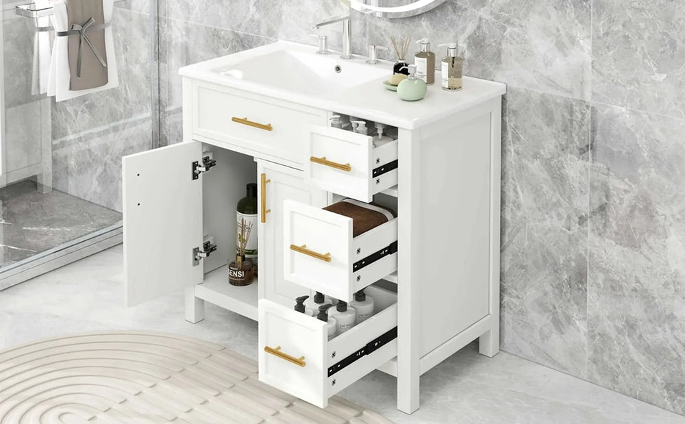 Bathroom Vanity Solid Wood & MDF White Finish With Sink Top & Ample Storage Media 35
