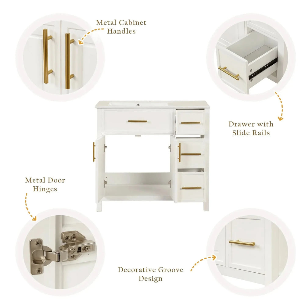 Bathroom Vanity Solid Wood & MDF White Finish With Sink Top & Ample Storage Media 10