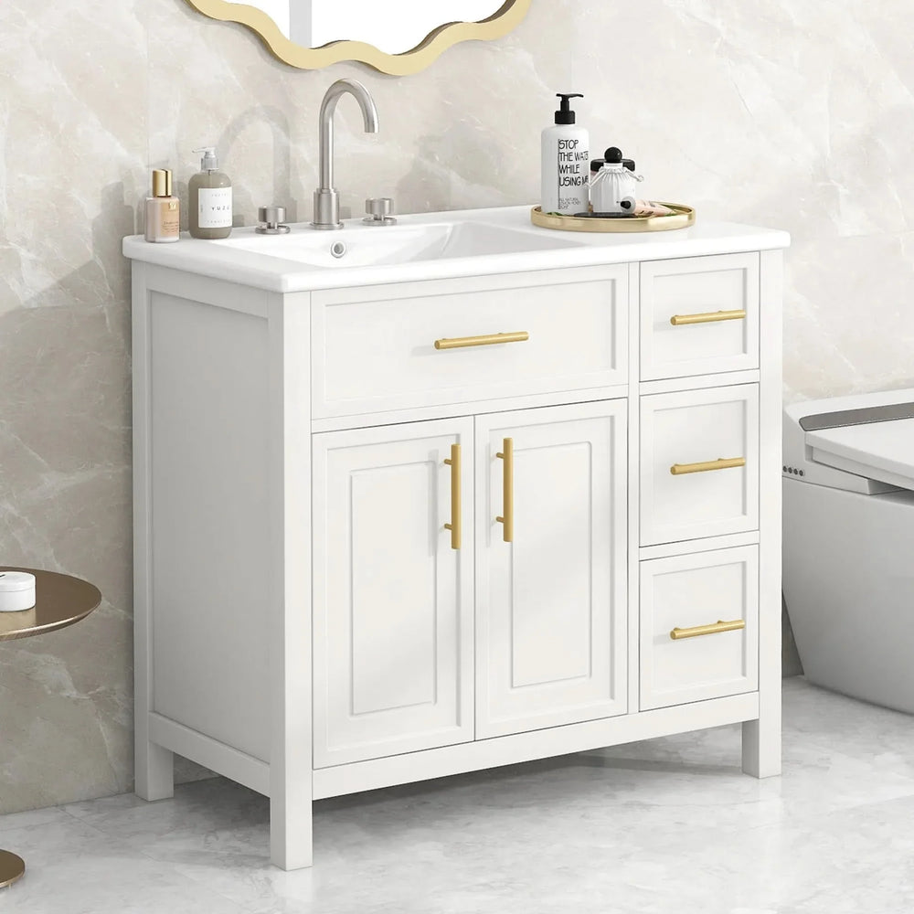 Bathroom Vanity Solid Wood & MDF White Finish With Sink Top & Ample Storage Media 4