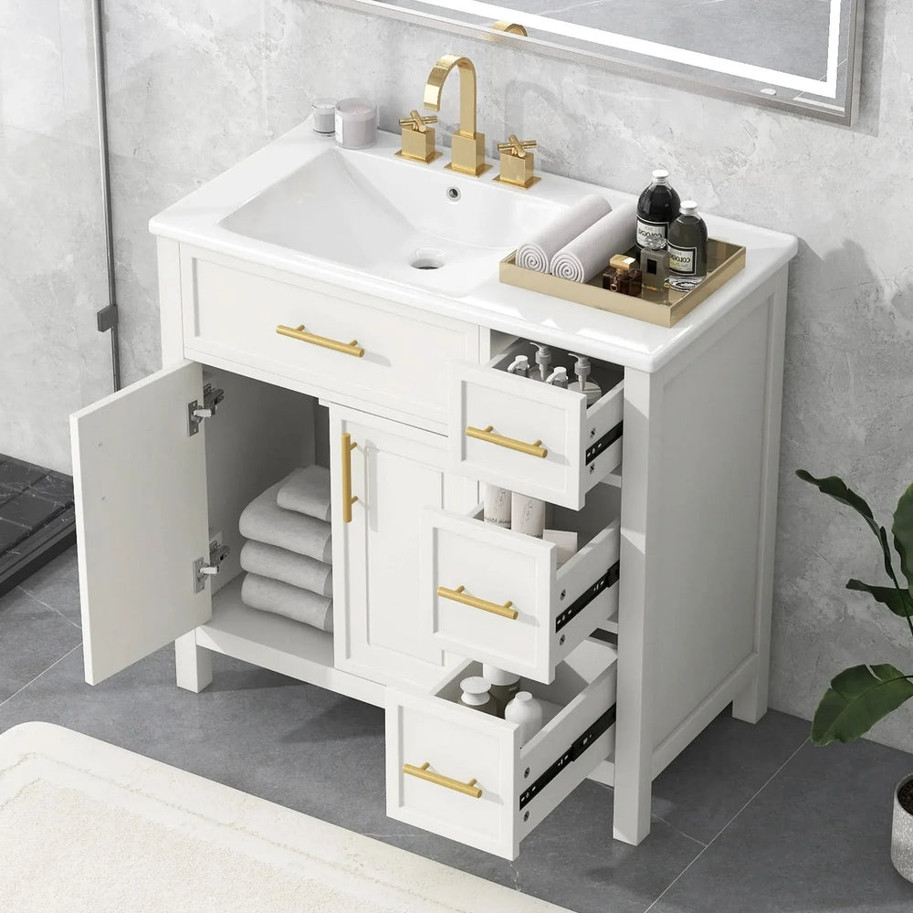 Bathroom Vanity Solid Wood & MDF White Finish With Sink Top & Ample Storage Media 3