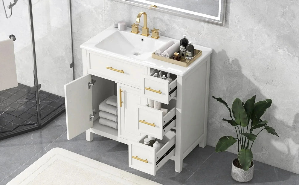 Bathroom Vanity Solid Wood & MDF White Finish With Sink Top & Ample Storage Media 28