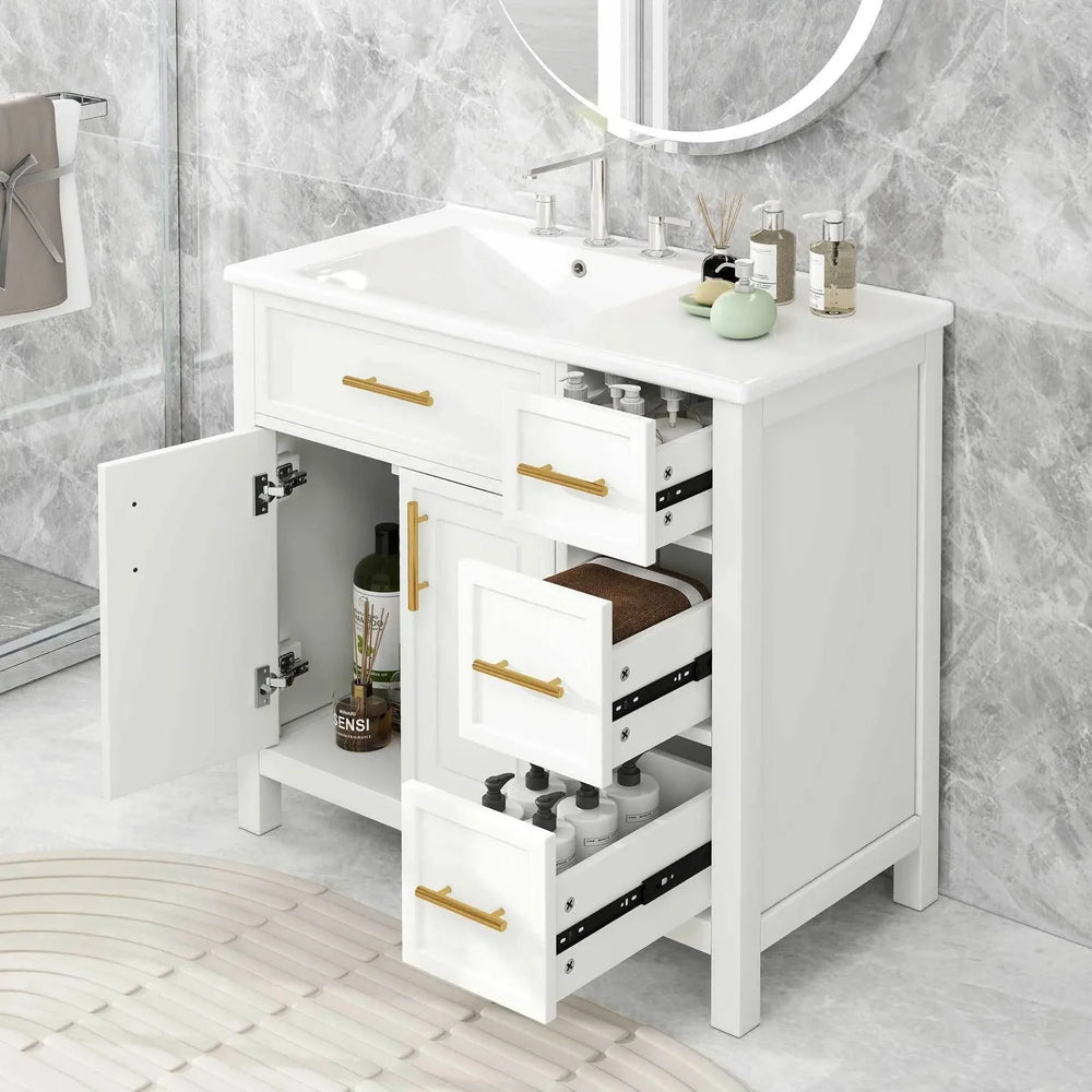 Bathroom Vanity Solid Wood & MDF White Finish With Sink Top & Ample Storage Media 2
